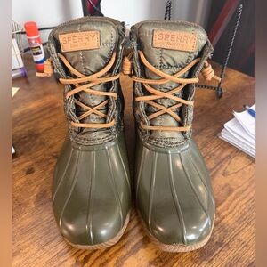 Sperry Olive Green Duck Boots with Tan Laces